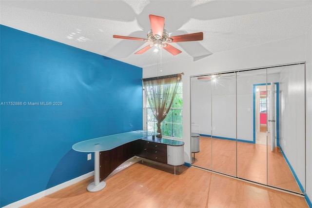 interior space featuring baseboards, a textured ceiling, a ceiling fan, and wood finished floors