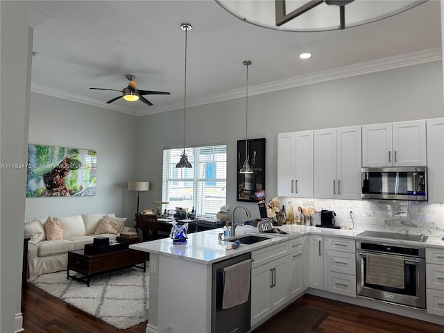 kitchen with light countertops, appliances with stainless steel finishes, open floor plan, a sink, and a peninsula