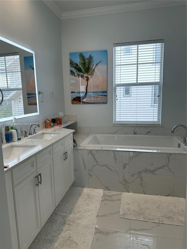 bathroom featuring a wealth of natural light, crown molding, a sink, and double vanity