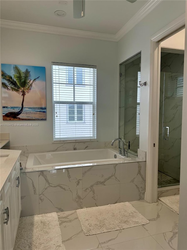 full bathroom with marble finish floor, crown molding, a marble finish shower, vanity, and a bath