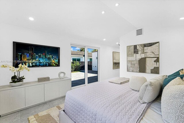 bedroom with vaulted ceiling, recessed lighting, visible vents, and access to exterior