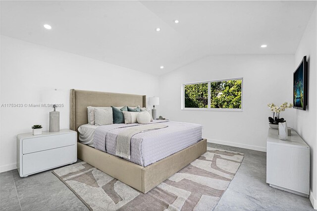 bedroom featuring recessed lighting, vaulted ceiling, and baseboards