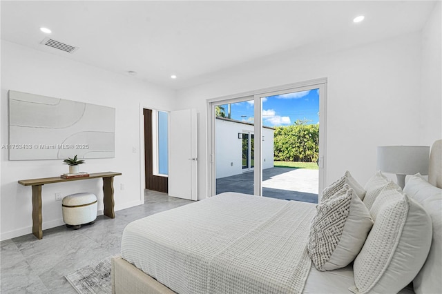 bedroom with access to exterior, recessed lighting, visible vents, and baseboards