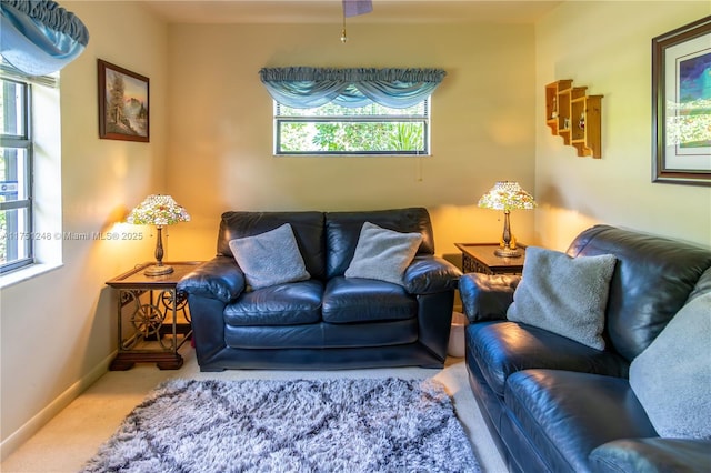 living room with carpet and baseboards