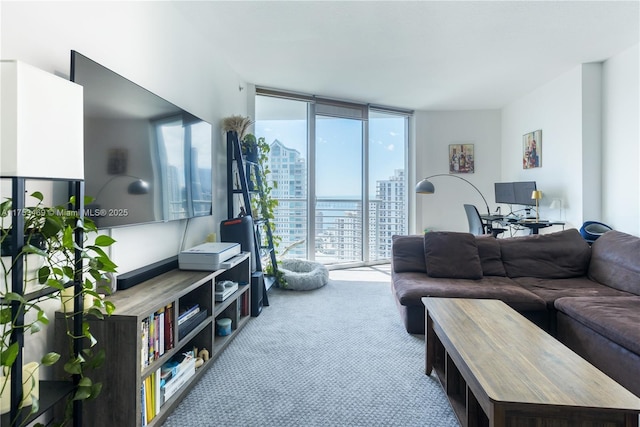 living room featuring floor to ceiling windows and carpet flooring