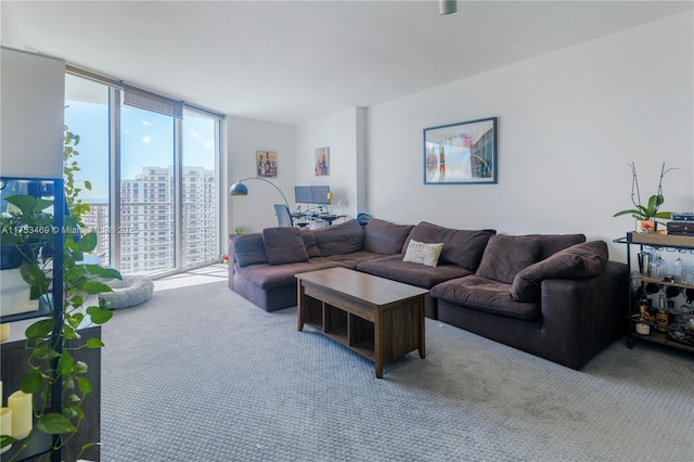 carpeted living room with floor to ceiling windows