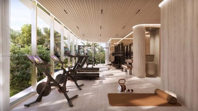 exercise room featuring wood ceiling