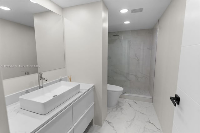 bathroom featuring marble finish floor, a marble finish shower, toilet, and recessed lighting