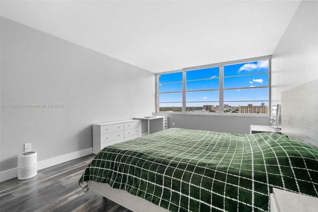 bedroom with dark wood finished floors and baseboards