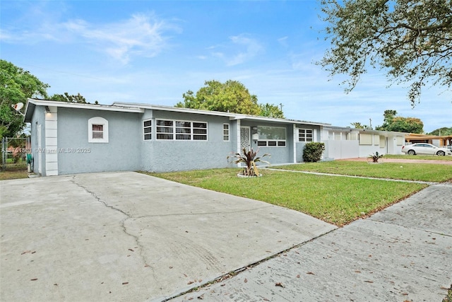 single story home featuring a front lawn and stucco siding