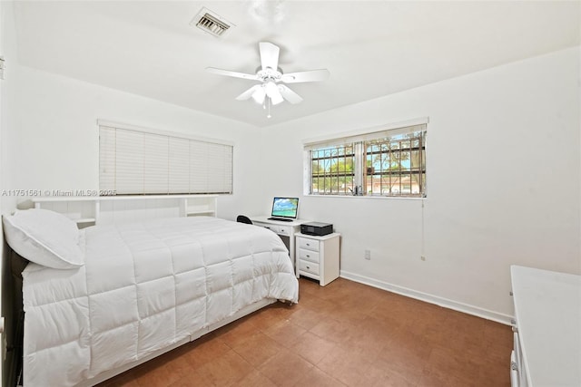 bedroom with a ceiling fan, visible vents, and baseboards