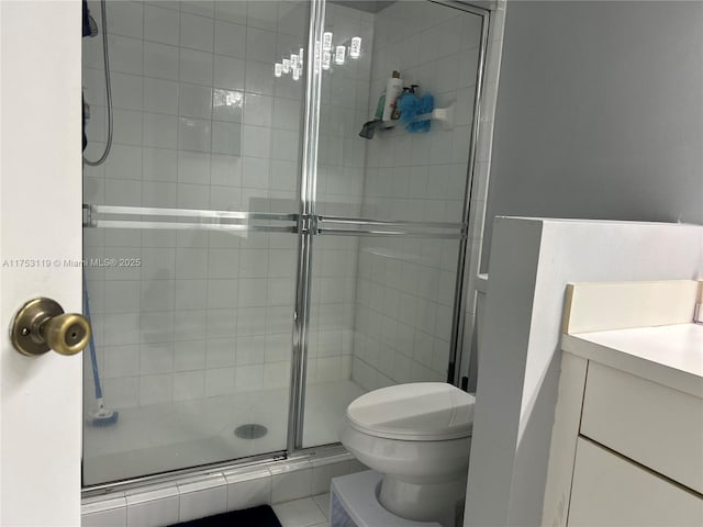 full bath featuring a shower stall, toilet, and vanity