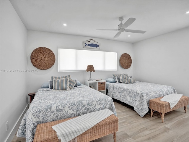 bedroom with light wood-type flooring, baseboards, a ceiling fan, and recessed lighting