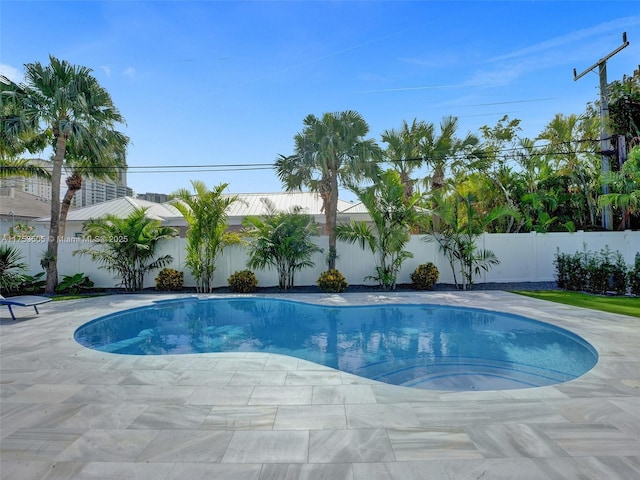 view of swimming pool featuring a patio area, a fenced backyard, and a fenced in pool