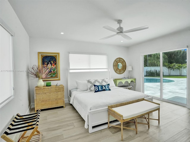 bedroom featuring ceiling fan, recessed lighting, baseboards, access to outside, and light wood finished floors