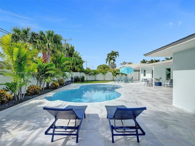 view of swimming pool with a patio, a fenced backyard, and a fenced in pool