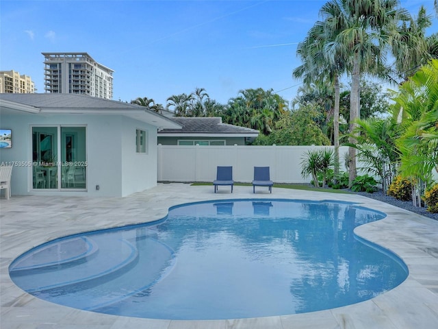 view of pool featuring a fenced in pool, fence private yard, and a patio