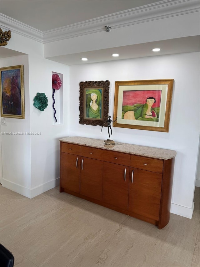 bar with crown molding, light wood-style flooring, recessed lighting, and baseboards