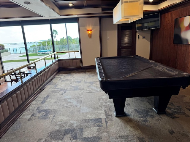 rec room featuring light carpet and billiards