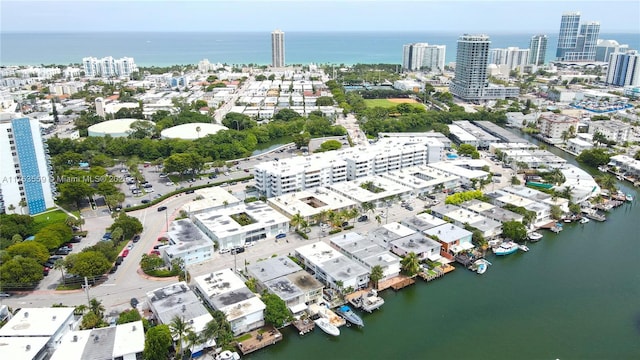 bird's eye view featuring a water view and a city view