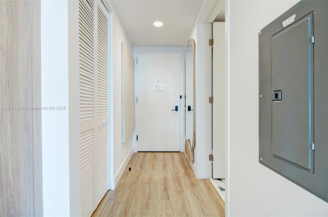 601 NE 1st Ave Unit 1706, Miami, FL 33132 - hall featuring light wood-style floors, electric panel, and baseboards