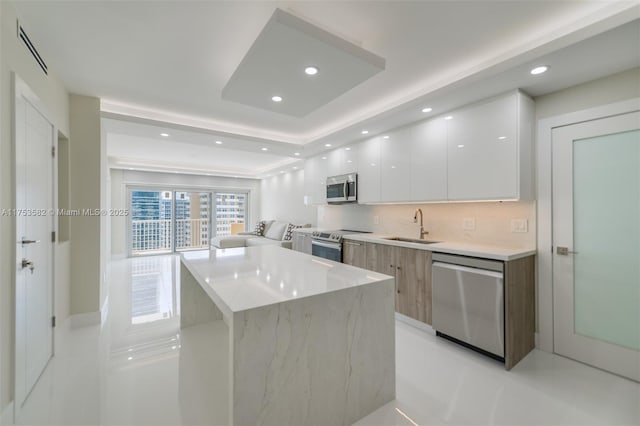 kitchen with modern cabinets, white cabinetry, stainless steel appliances, and a sink