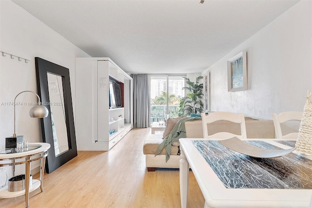 interior space featuring access to outside, light wood-style flooring, and a textured ceiling