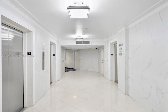 hall with crown molding, light tile patterned floors, visible vents, and elevator