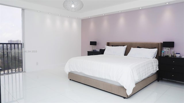 bedroom with light tile patterned flooring and recessed lighting