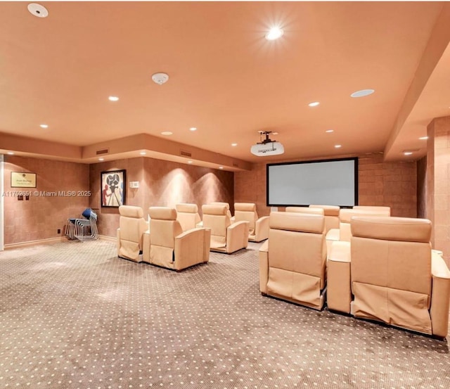 home theater room featuring carpet, visible vents, and recessed lighting