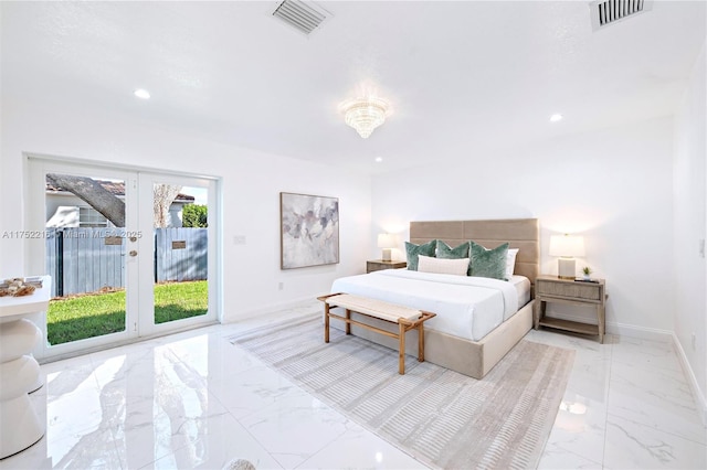 bedroom with marble finish floor, french doors, visible vents, access to outside, and baseboards