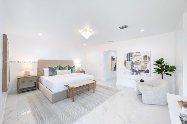 bedroom with marble finish floor, baseboards, visible vents, and recessed lighting