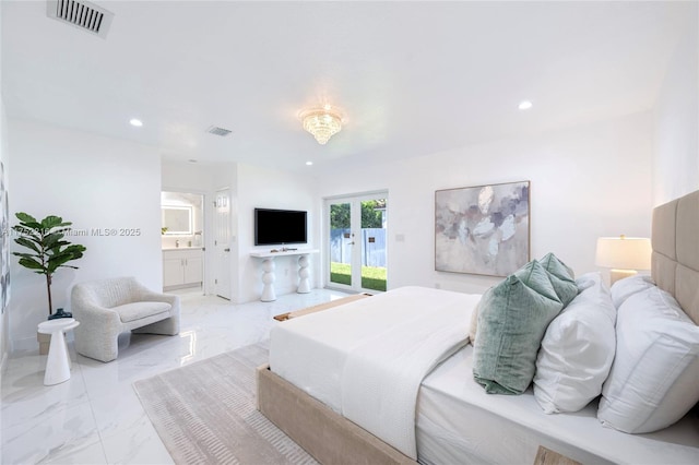 bedroom with access to exterior, marble finish floor, french doors, recessed lighting, and visible vents