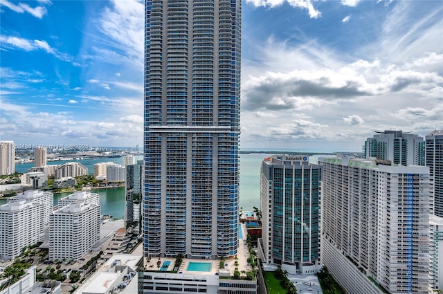 property's view of city featuring a water view