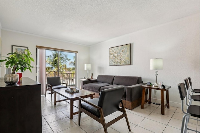 8425 NW 8th St Unit 404, Miami, FL 33126 - living area with a textured ceiling, light tile patterned floors, and crown molding