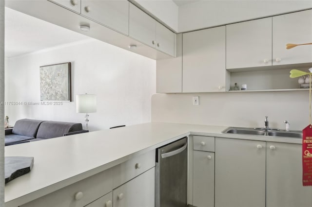 8425 NW 8th St Unit 404, Miami, FL 33126 - kitchen featuring light countertops, open shelves, stainless steel dishwasher, and open floor plan
