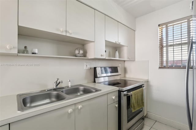 kitchen with electric range, white cabinets, light countertops, open shelves, and a sink