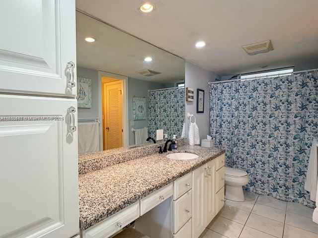 full bathroom featuring recessed lighting, visible vents, vanity, and tile patterned floors