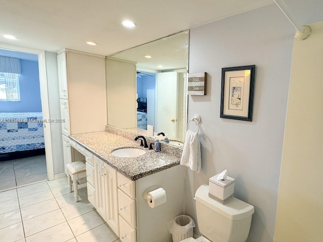 bathroom with recessed lighting, toilet, ensuite bath, and tile patterned floors