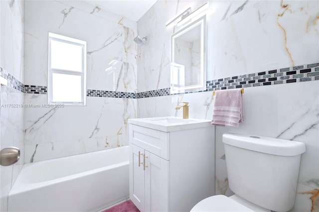 full bath featuring tasteful backsplash, toilet, vanity, washtub / shower combination, and tile walls