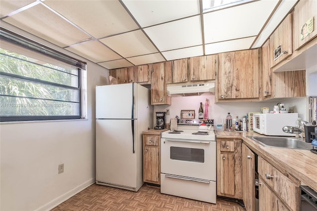 kitchen featuring white appliances, a drop ceiling, light countertops, under cabinet range hood, and a sink