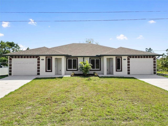 ranch-style home featuring roof with shingles, stucco siding, concrete driveway, an attached garage, and a front yard