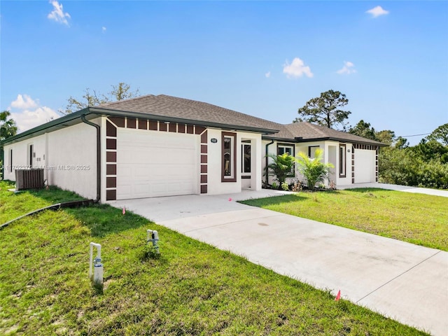 ranch-style house with a garage, central air condition unit, driveway, and stucco siding