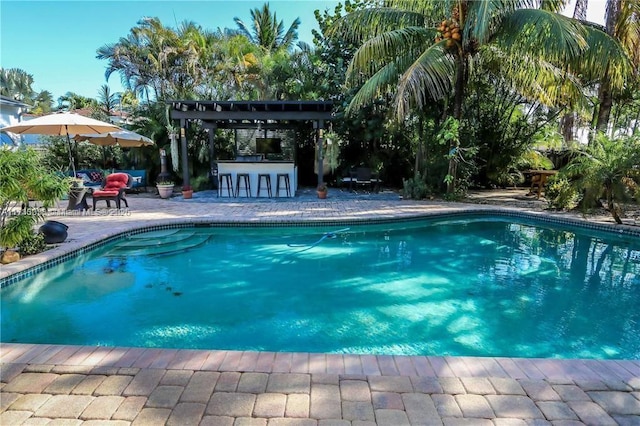 pool featuring outdoor dry bar and a patio