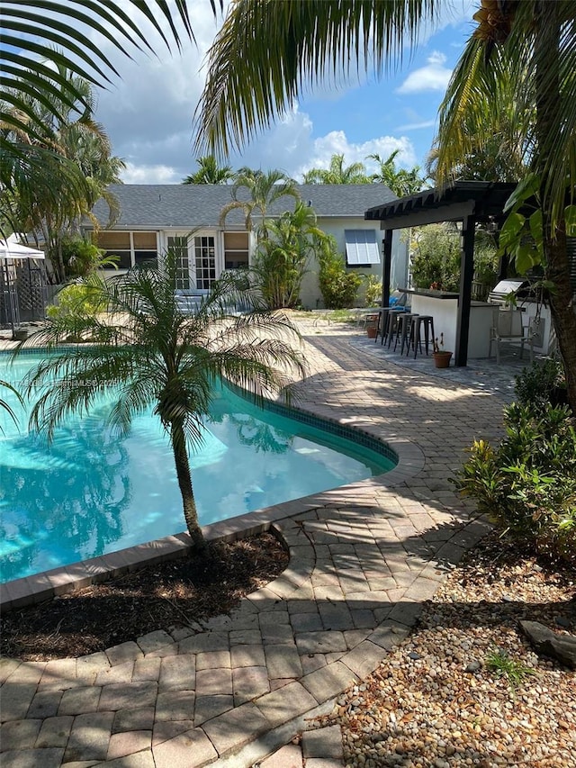 outdoor pool with exterior kitchen, a patio area, and outdoor dry bar