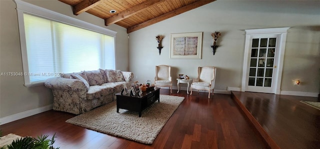 living room with lofted ceiling with beams, wood finished floors, wood ceiling, and baseboards