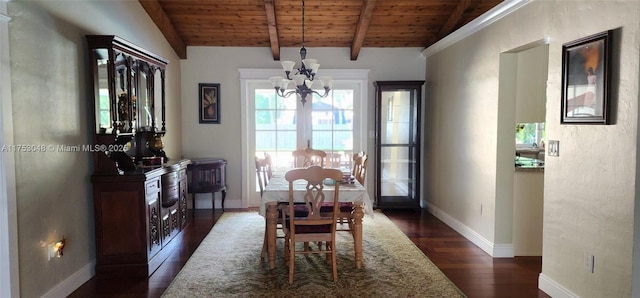 dining space featuring baseboards, dark wood-style floors, wood ceiling, vaulted ceiling with beams, and an inviting chandelier