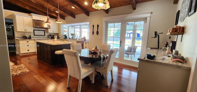 dining room with dark wood-style floors, french doors, wooden ceiling, and lofted ceiling with beams