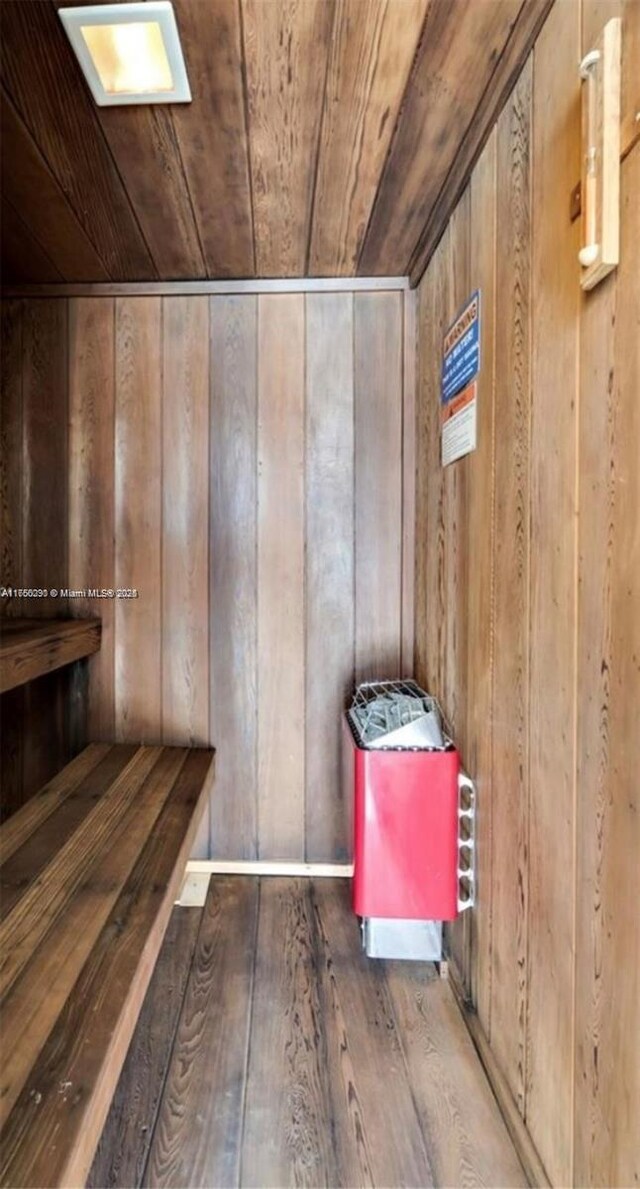 view of sauna with wood finished floors