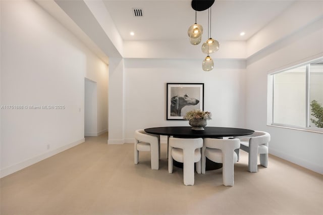 dining space with baseboards, visible vents, and recessed lighting